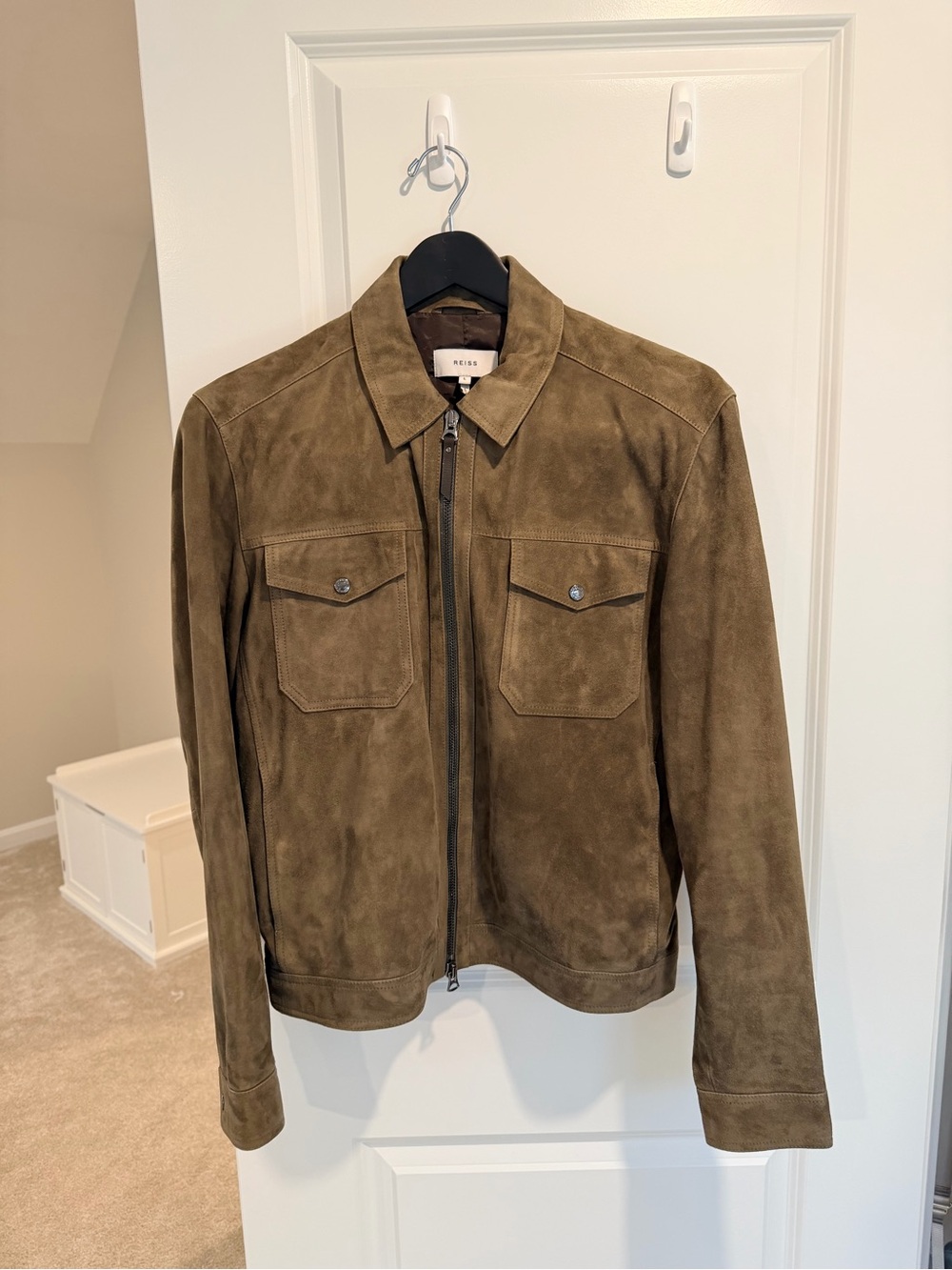 Reiss Olive-Brown Suede Zip Bomber Jacket